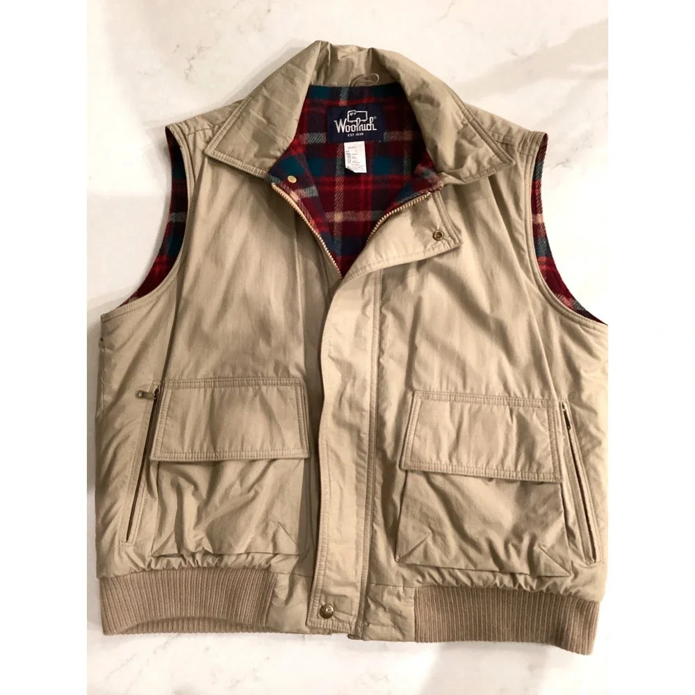 Woolrich Wool Blanket Lined Canvas Hunting Vest Plaid/Tan Men's Large Vintage